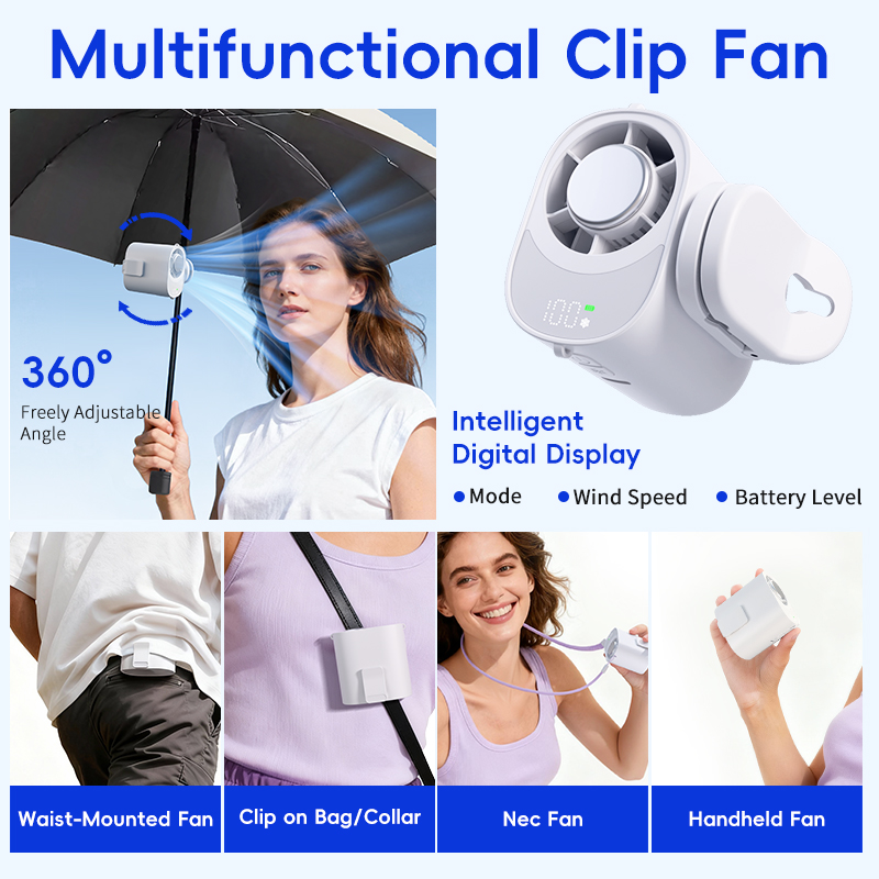 4-in-1 Portable Waist Fan with Instant Ice Cooling, 3000mAh Battery Powered Wearable Clip-on Fan, Intelligent Digital Display, Hands-Free Personal Fan - Image