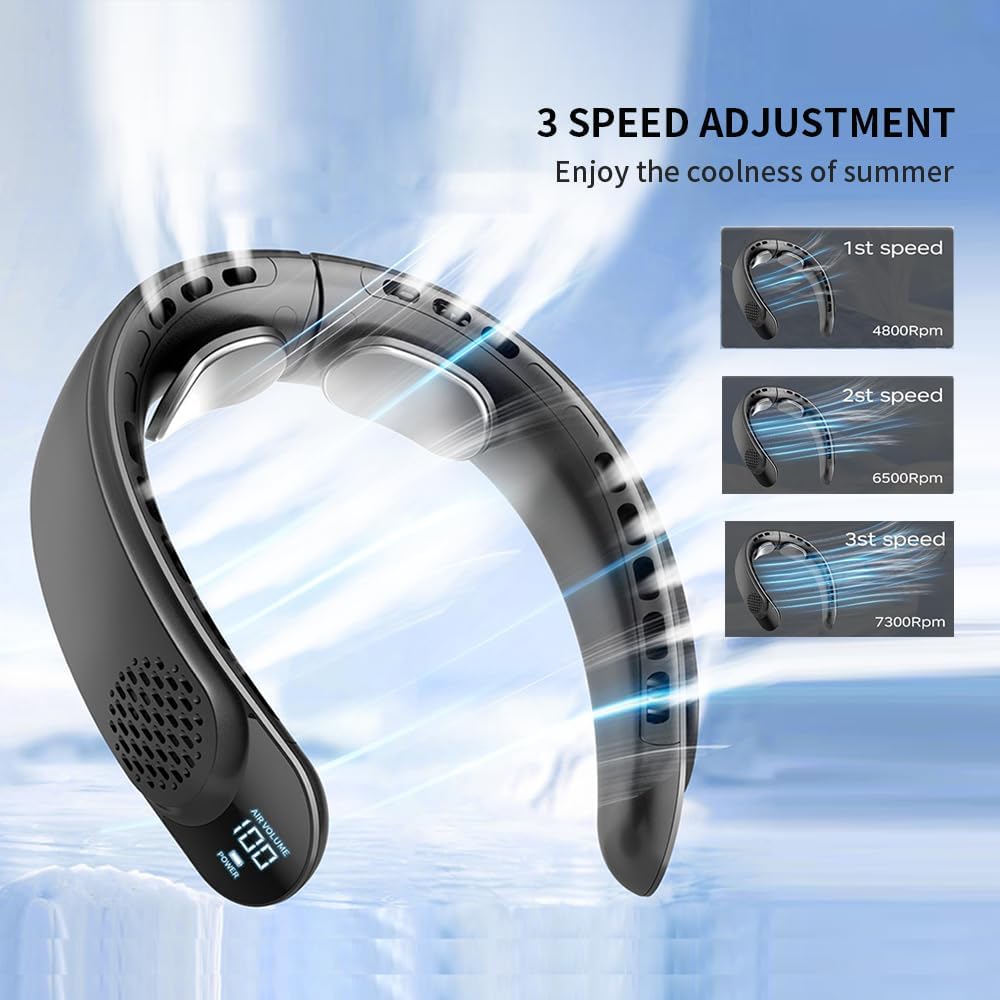 Portable Neck Fan with LED Display - 4 Turbines 360° Cooling, 4000mAh Quiet Wearable Fan - Image